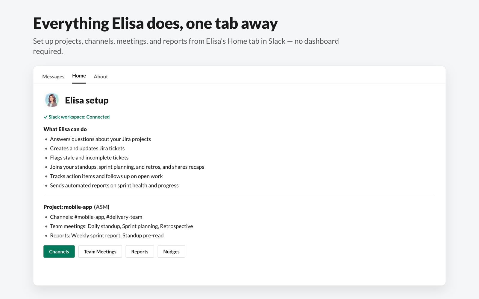 Elisa App Home in Slack showing sprint status, risks, and quick actions